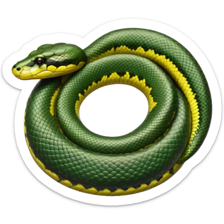 A photo-realistic top-down view of a Green Anaconda tightly coiled in a spiral, with its broad, flat head resting at the center. Its olive-green body is thick and muscular, patterned with symmetrical, bold black oval spots that flow along its smooth, glossy scales, that are camoflaged sticker