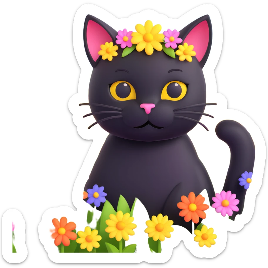 A black cat with a flower on its head in a field of flowers, vibrant colors sticker