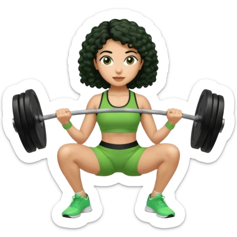 woman with olive skin and curly black hair wearing a green workout outfit (shorts) and lifting weights sticker