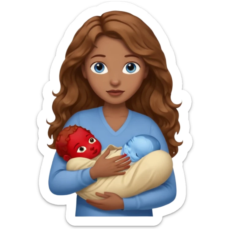 Woman with blue eyes and light brown wavy hair carrying brown skinned newborn sticker