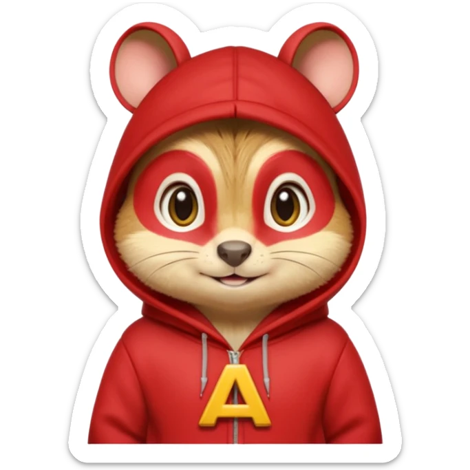 Portrait of a cartoon chipmunk with light brown and beige fur, wearing a red hoodie with a yellow 'A' on it, big round eyes, small nose, and a mischievous grin, front-facing, stylized in animated movie style sticker