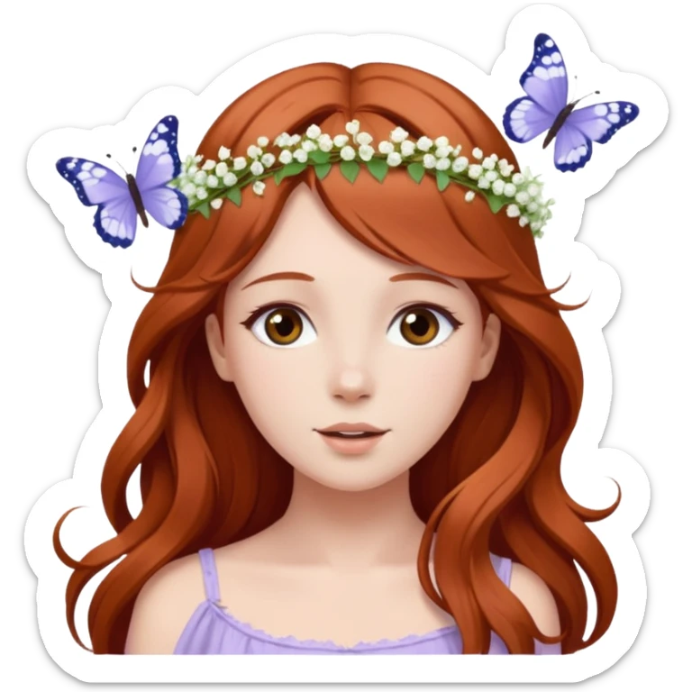 Woman with long flowing auburn hair wearing a flower crown with pale lavender flowers and white baby's breath in it and butterflies flying around it sticker