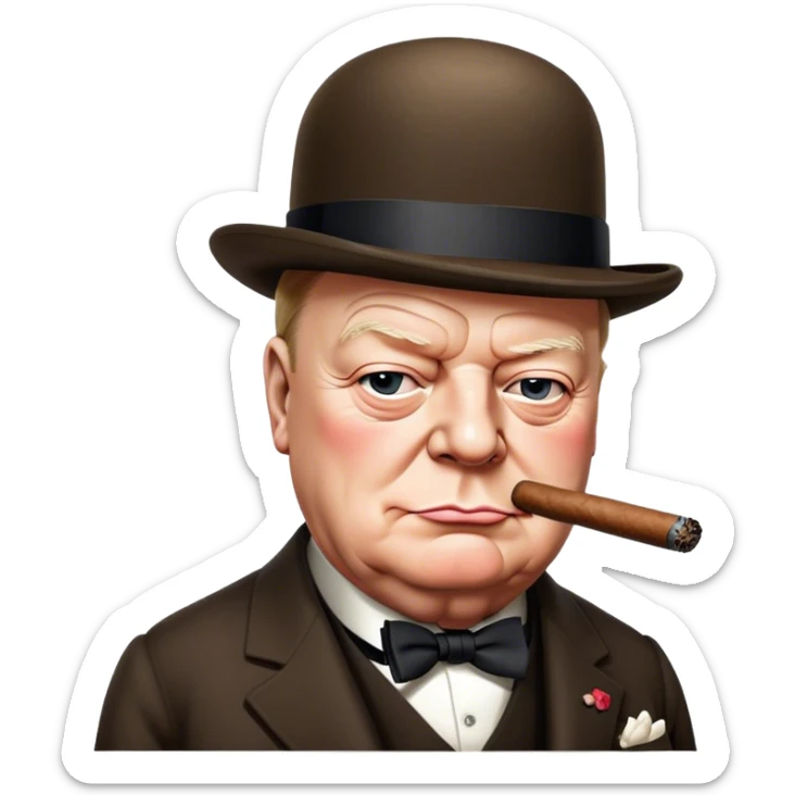 Cinematic Realistic Winston Churchill Portrait Emoji, depicted as a resolute British statesman with a signature bowler hat and a cigar, exuding determined leadership and wartime valor, rendered with lifelike textures and dramatic vintage lighting that captures his iconic British spirit. sticker