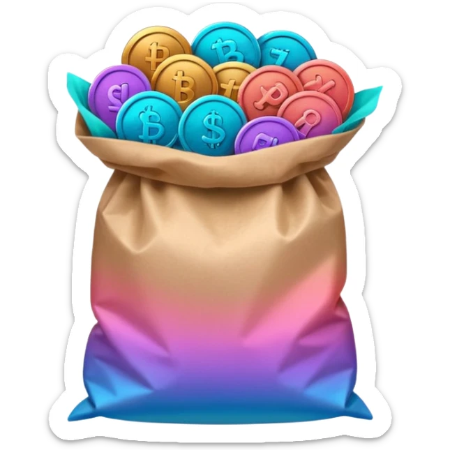coins in gradient of turquoise, blue, pink, purple, and coral color inside a brown bag sticker