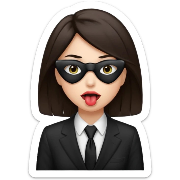 woman with dark brown hair wearing black tie over eyes with tongue out sticker