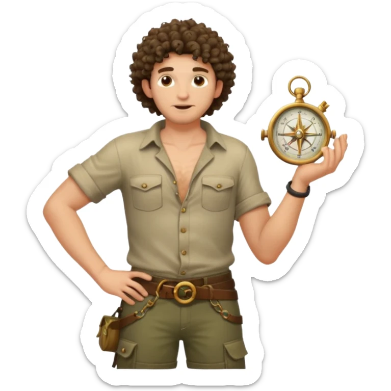 full body jungle explorer man, curly hair, from behind, half-open shirt slipping off shoulders, relic compass in hand sticker