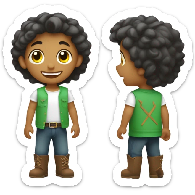 Un niño con el pelo rizado y moreno, con los ojos verdes y una sonrisa que le falta un diente tiene varias pecas por la cara y va vestido con un peto vaquero y una camiseta por dentro del peto, de color blanca. sticker