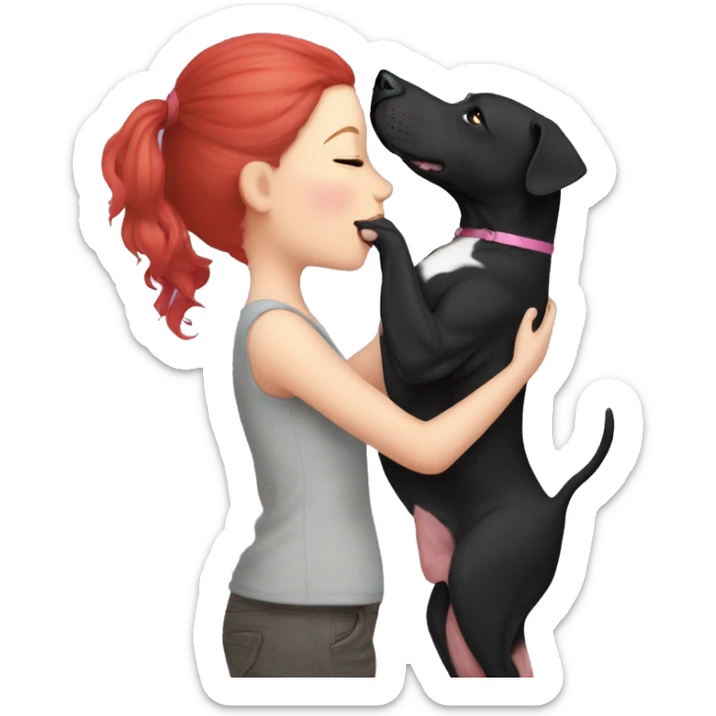 Girl with red hair kissing big black pitbull dog, pink hearts sticker