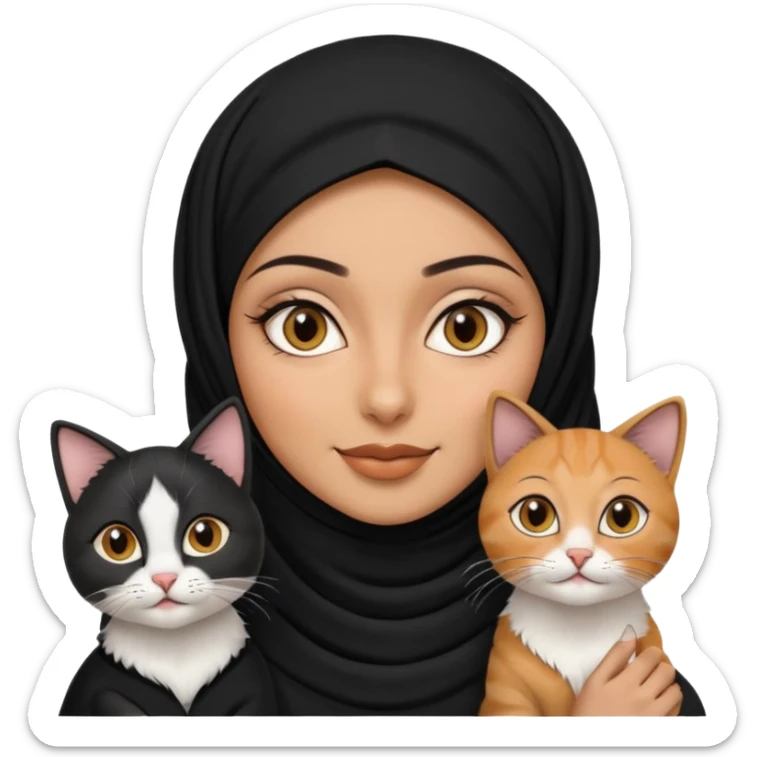 A Arabic woman human with brown eyes and black hijab. , the human is a human no cat ears, two cats, the both cats have the colour black and white in the same colour,  NO CAT EARS ON THE HUMAN  sticker
