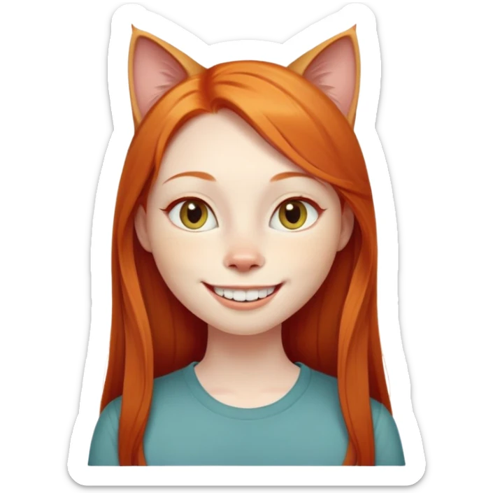 traditional emoji of young girl with very pale skin, long straight bright ginger red hair, cat-like almond-shaped eyes that are angled upward, wide flat nose, big smile with very large prominent teeth showing, classic round face sticker