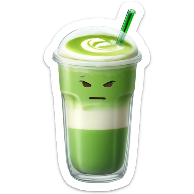 Matcha latte drink in sleek rounded glass with ice and glass straw that folds towards you sticker