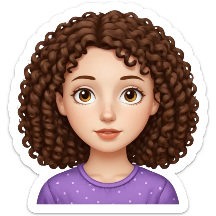 White girl with dark brown long 2C curly hair, brown almond shape eyes, small wide nose, natural lips. Cute clothnig sticker