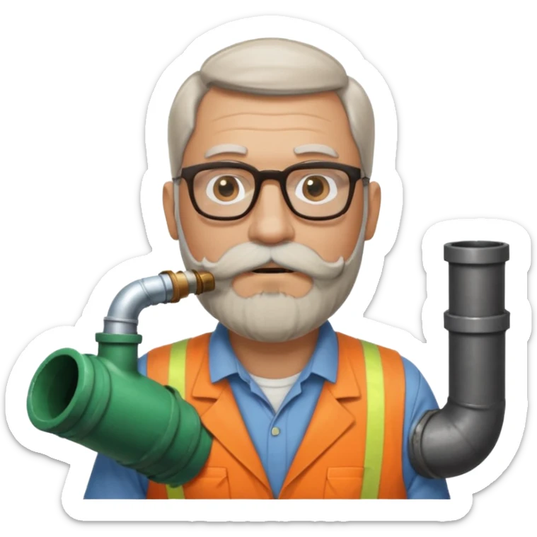 50 year old bearded and moustached white male wearing glasses. In his mouth is a sewer pipe and out the end is flowing brown liquid into a street gutter. sticker