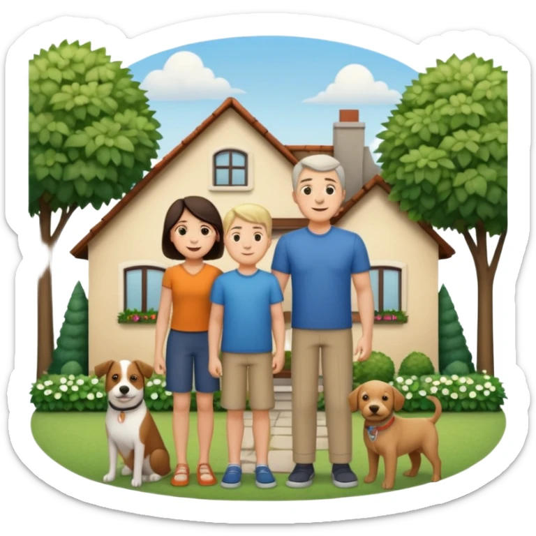 1 Father 1 Mother and 1 young BOY who is half as tall as the parents, standing in front of their house with a dog next to them. Everyone should look VERY happy. There MUST be a house behind them with trees and plants sticker
