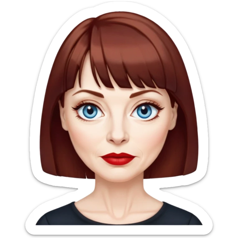 Woman in her late 50s with pale skin, wider face, more pronounced wrinkles, blue eyes with eyeliner, thin eyebrows, small nose, red lipstick, dark auburn hair with bangs, wearing a black top sticker