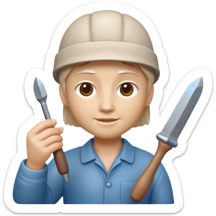 Apple Memoji-style 3D emoji of a sculptor with a small statue and chisel, smooth gradients, rounded edges, no background.
 sticker