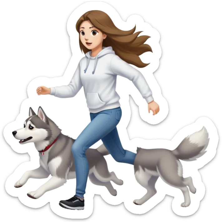 The husky is running in front, and a beautiful girl with long hair wearing a white sweatshirt and jeans is chasing behind. sticker