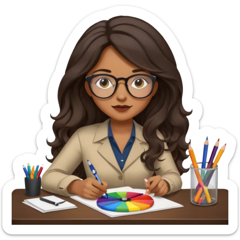 female dark wavy long hair graphic designer , color wheel, pens, papers , desktop sticker