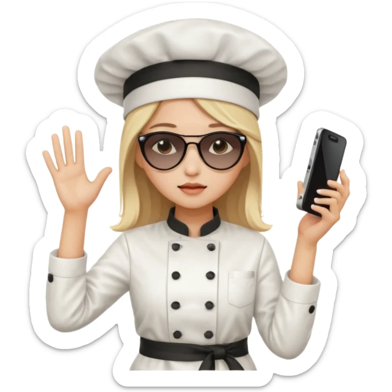 [b"A sad wooman with loight skin,k straight  hair, weawring a chehf hat andi sunglassels, dressee in K-pop  fashion, his dancino while hollding a phdone."] sticker