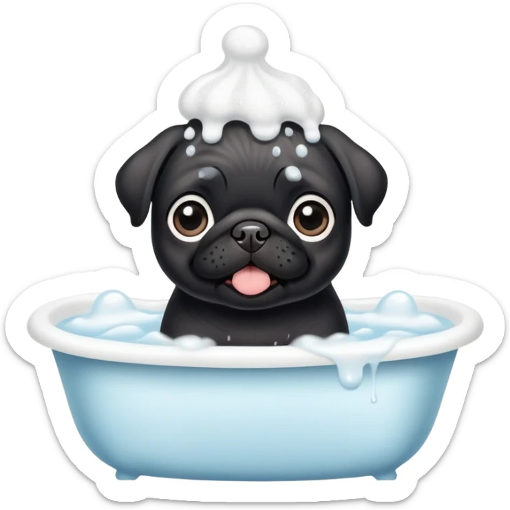 Happy adorable big eyes Black pug puppy with bath foam on top of his head sticker