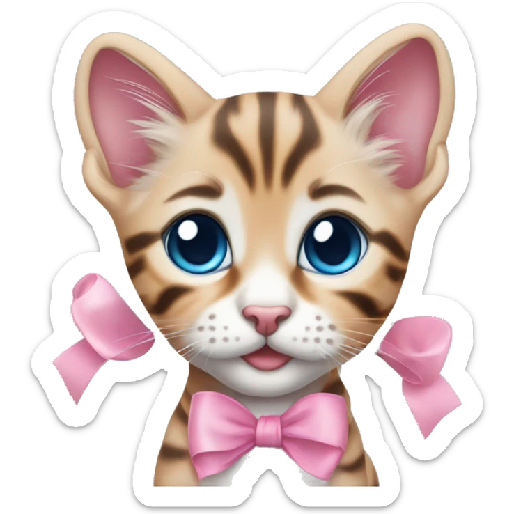 Cute little Bengal kitten with a pink bow on her head, blue eyes and light fur  sticker