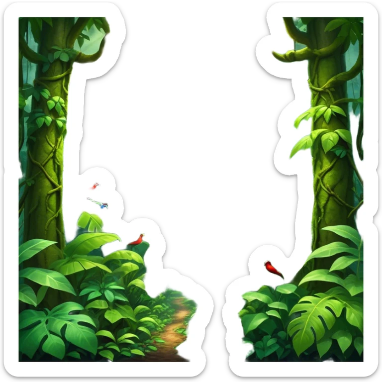 Cinematic Realistic Rainforest Emoji in a frame, Lush and vibrant, filled with towering trees, thick vines, and dense green foliage, sunlight filtering through the canopy above, creating dappled patches of light on the rich, diverse undergrowth. The air is heavy with moisture, with mist rising from the forest floor and distant calls of exotic birds and animals echoing through the trees. Soft glowing outline, capturing the essence of a thriving, untamed tropical paradise filled with life! sticker