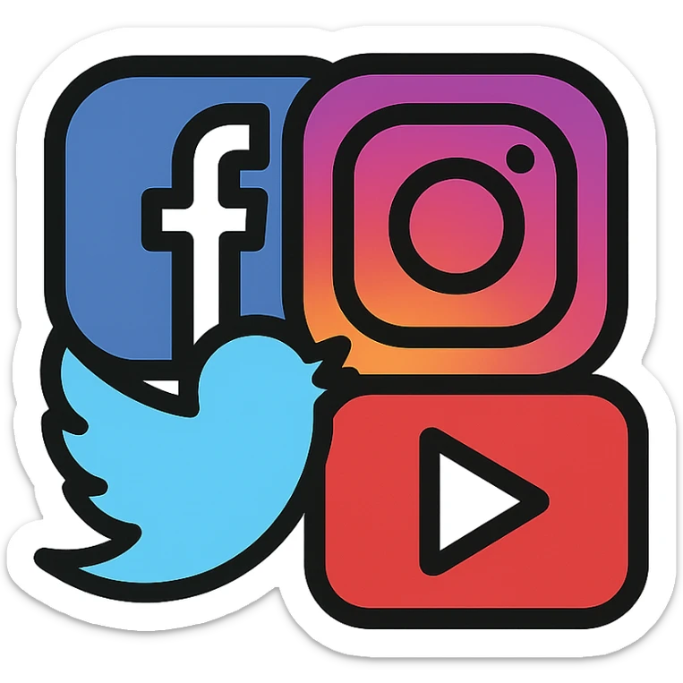 group of social media icons merged into one icon, color outline style, each platform logo simplified and harmonized for unified look sticker
