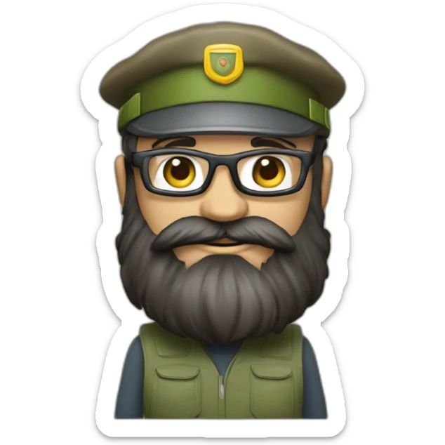 full body of an happy gardener face long dark beard and short dark hair with little transparent glasses and a army cap sticker