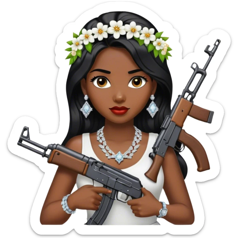 A beautiful woman with flowers in her hair, holding an AK-47 and has diamond grills in her teeth and big diamond chain on her neck that says icy and big diamond earrings and black hair sticker