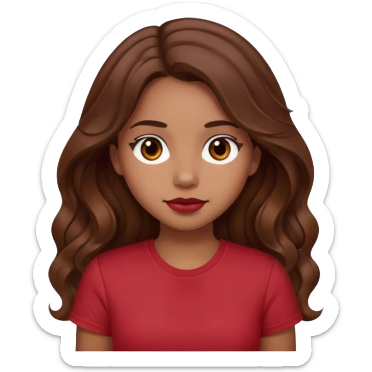 Very light brown girl with long wavy brunette hair and blush, wearing dark red tshirt sticker