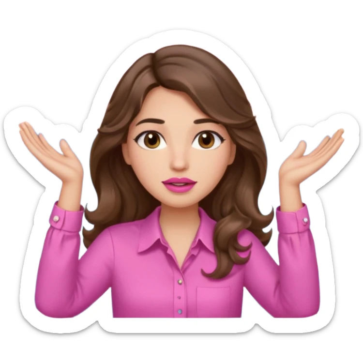 girl with long wavy brown hair, brown eyes, light to medium complexion, in a pink shirt, pink lips, long lashes, puckered lips, both hands all the way up with hands up to the sky sticker