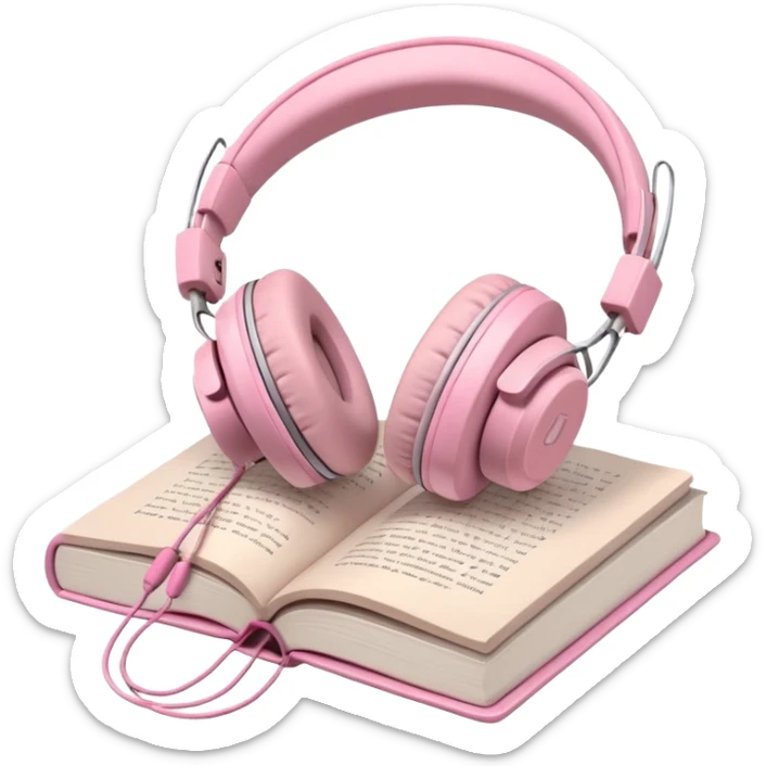  pink pair of modern headphones resting on top of a closed book, soft shadows, realistic style, calm and cozy mood, isolated on transparent background sticker