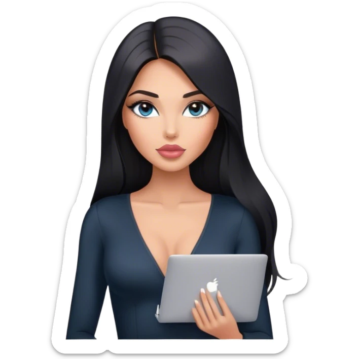 Glamours, tanned, very beautiful girl, with big pump peach-beige-rose lips, long lashes, black straight smooth silky long hair, straight parting hair, blue-grey eyes, in black v-neck bodysuit holding MacBook sticker