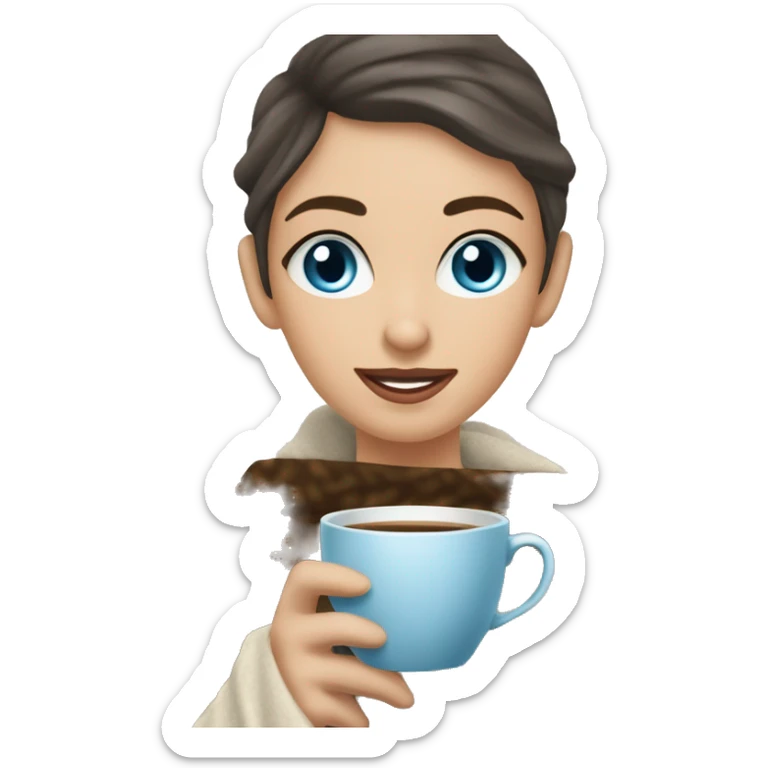 girl with blue eyes and short bown hair i lasses holding a cup of coffee wrapped in awarm blanket sticker
