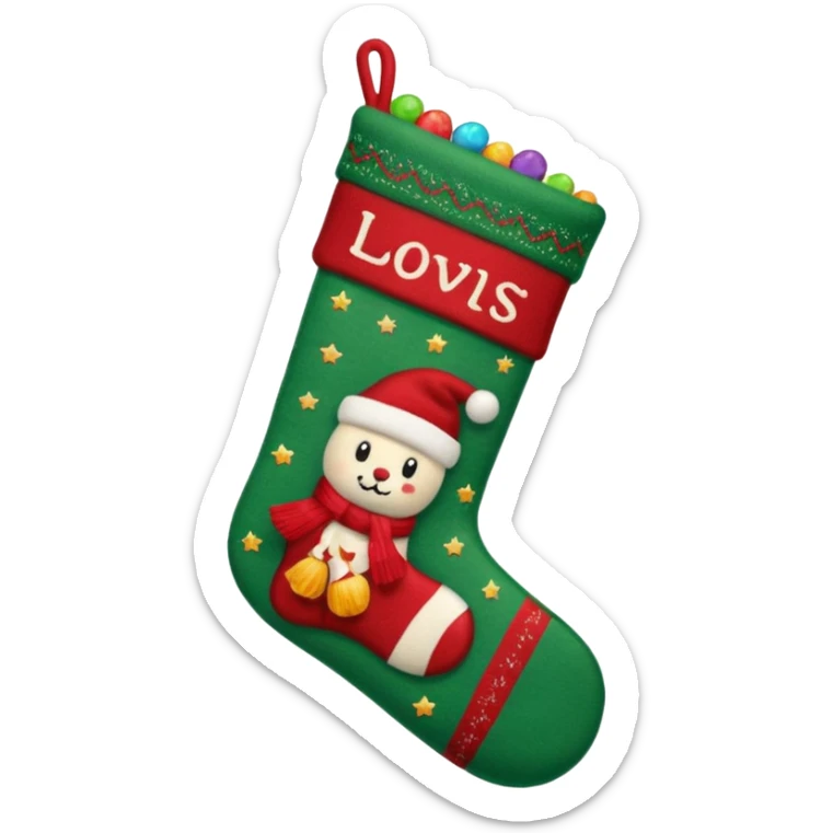 A cozy Christmas stocking full of vintage toys and candy sticker