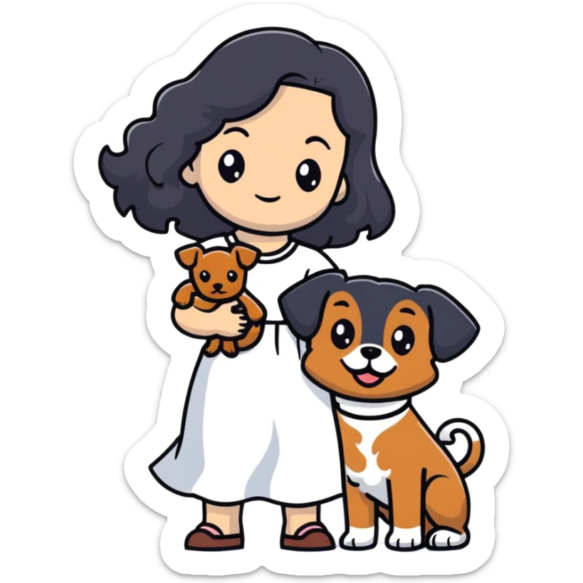 A beautiful girl with long black hair in a white dress holds a small brown curly-haired dog sticker