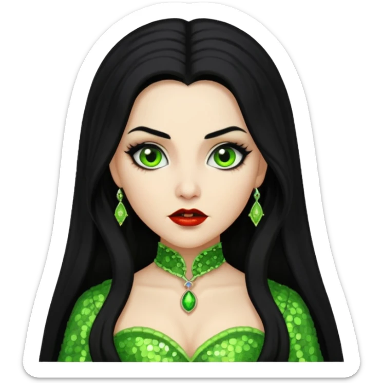 Verona, Bride of Dracula from Van Helsing with long black hair, lime green sequin outfit sticker