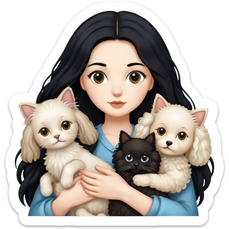 A lady with long black hair holding two animals, a long hair Ragdoll cat and a small poodle  sticker