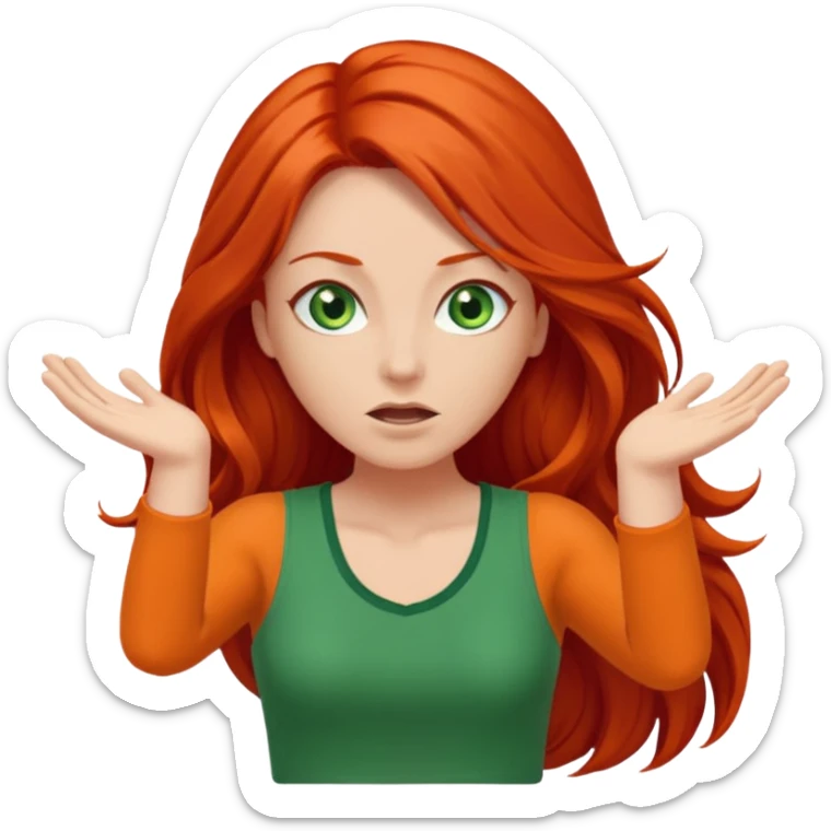 lady with long red hair, green eyes and orange top throwing arms in the as if confused sticker