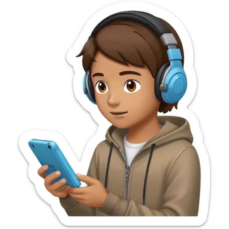 a teenager with think, greasy brown hair and headphones, playing on a 3ds sticker