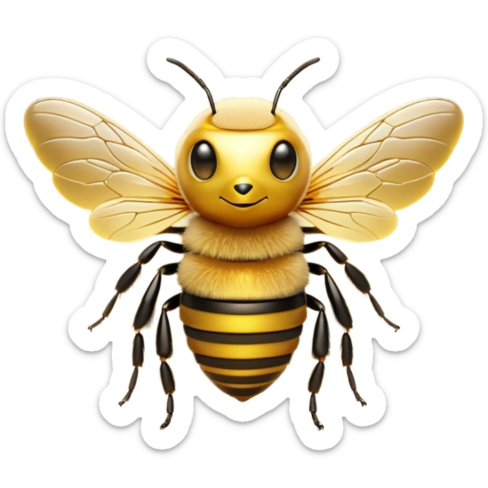 Cinematic Noble Bee Portrait Emoji, Poised and industrious, with a compact, fuzzy body in golden-yellow hues, delicate translucent wings, and a focused, determined expression with sparkling eyes, Simplified yet sharp and sophisticated features, highly detailed, glowing with a soft, sunny radiance, high shine, intelligent and diligent, stylized with an air of natural elegance, focused and alert, soft glowing outline, capturing the essence of a watchful bee that appears ready to buzz out of the screen with effortless authority! sticker