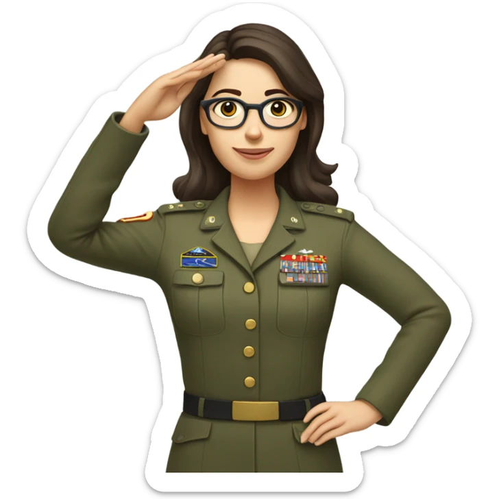 a caucasian brunette female with glasses making the military salute with her hand next to her head sticker