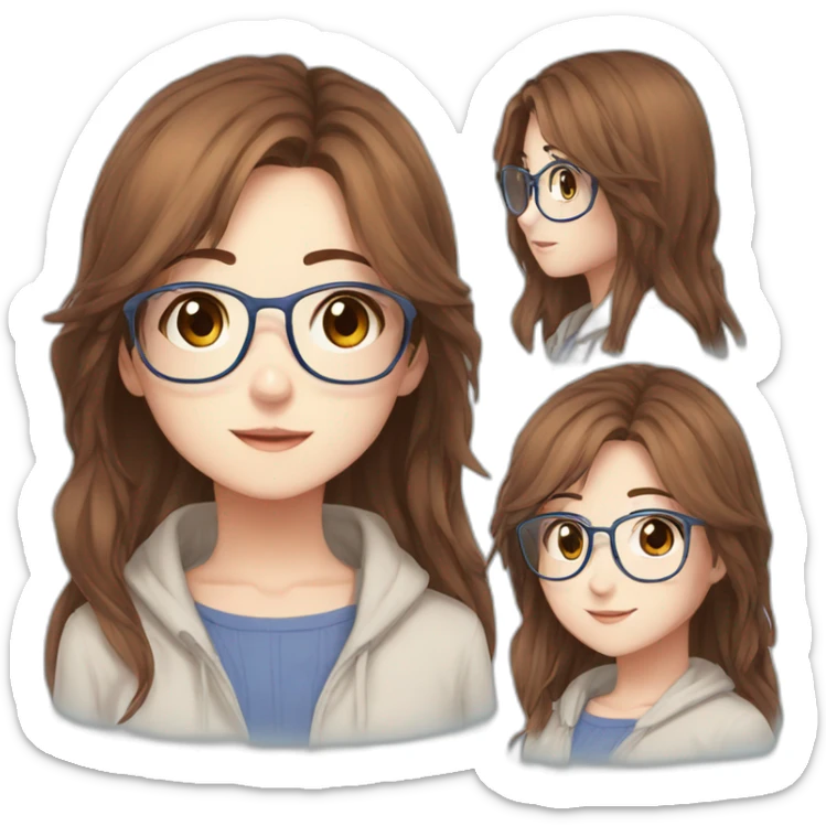 Girl with brown long hair blue glasses brown eyes freckles anime sticker