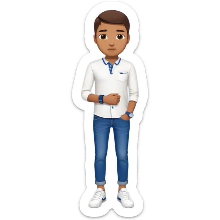 Human wearing white shoes and white shirt and blue jeans and wearing a navy blue SuperDry mark watch on his left hand sticker