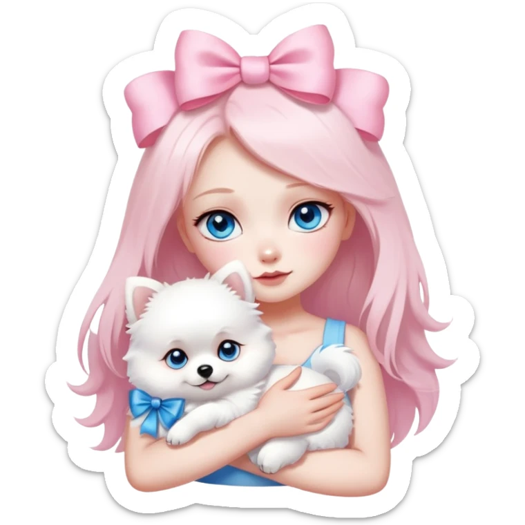 Burnt girl white skin blue eyes hugging white Pomeranian with light pink bow sticker