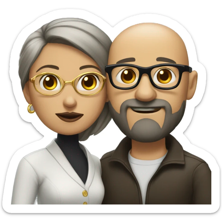 dark-haired man with bald beard and gold glasses bown woman kiss sticker