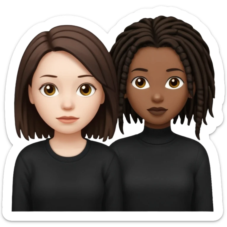 white woman brunette with very short hair and a black top. And black woman with long dread locks with a black sweater  sticker
