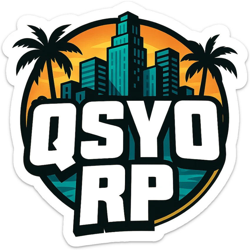 logo for GTA V roleplay server with the text 'QSYO RP', inspired by Grand Theft Auto V style, bold, urban, dynamic, with a cityscape or palm trees, vibrant colors, modern gaming vibe sticker