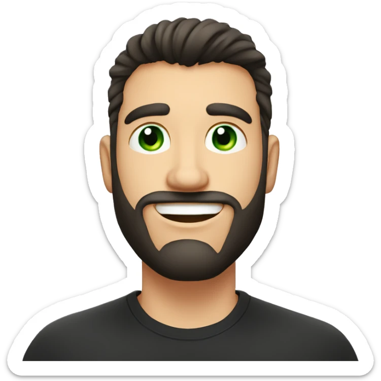 Handsome man with dark hair, gradient short hair on the side, green eyes. Big smile and thin face. Black t-shirt. A little beard. Emoji bubble next to his mouth to indicate he talking sticker