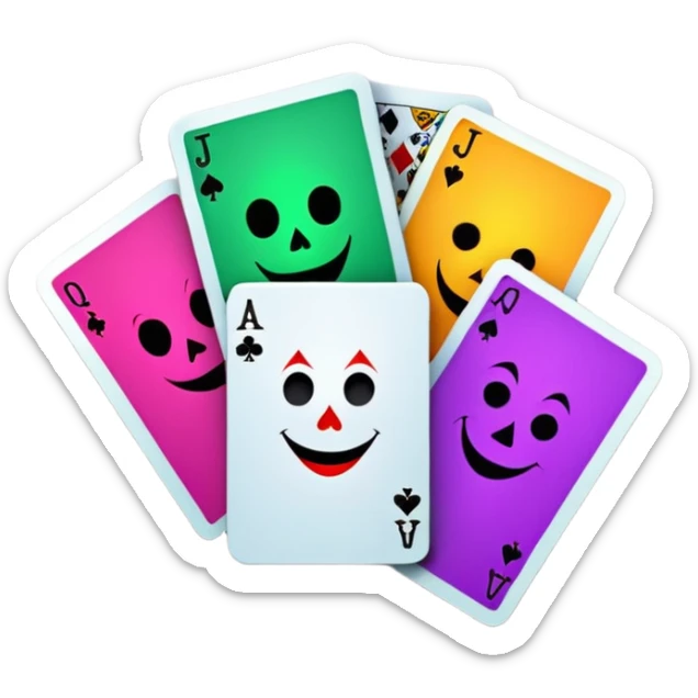 bunch of 3 poker cards, with crazy colorful jolly jokers inside, inversed face sticker